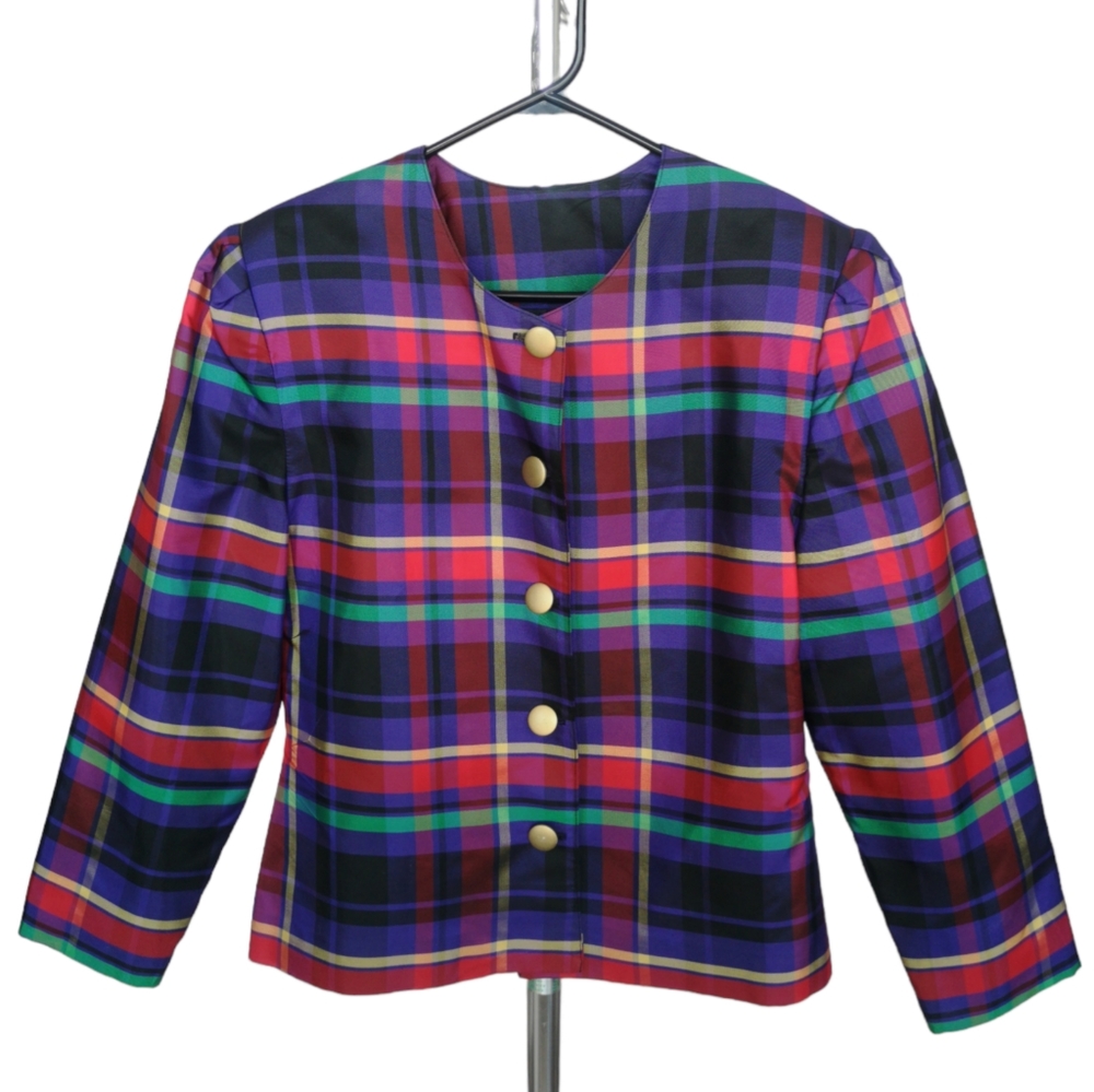 Viintage Jeremy Scott Braemare Canada made rainbow tartan shoulder pads‎ blazer